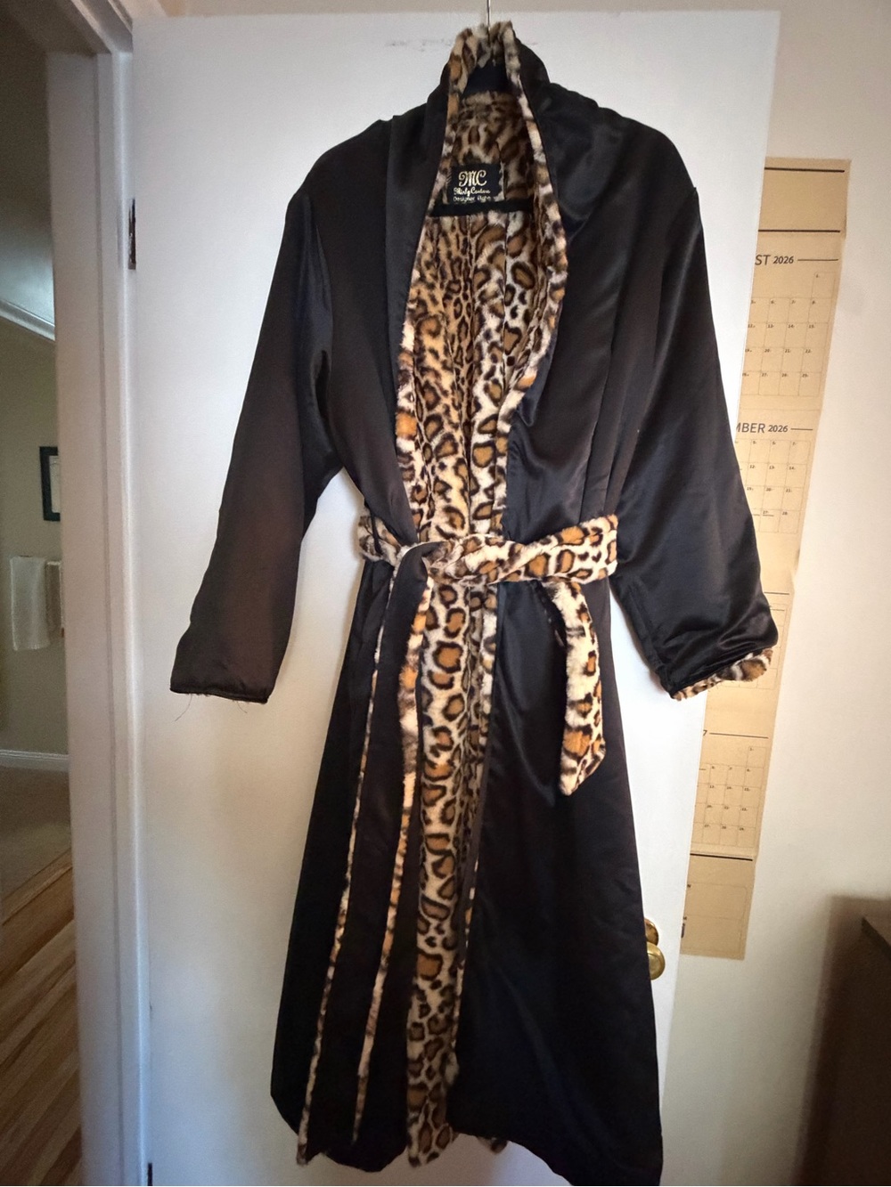 Minky Couture Women's Black Satin Robe with Soft Leopard Lining Reversible w/Bag